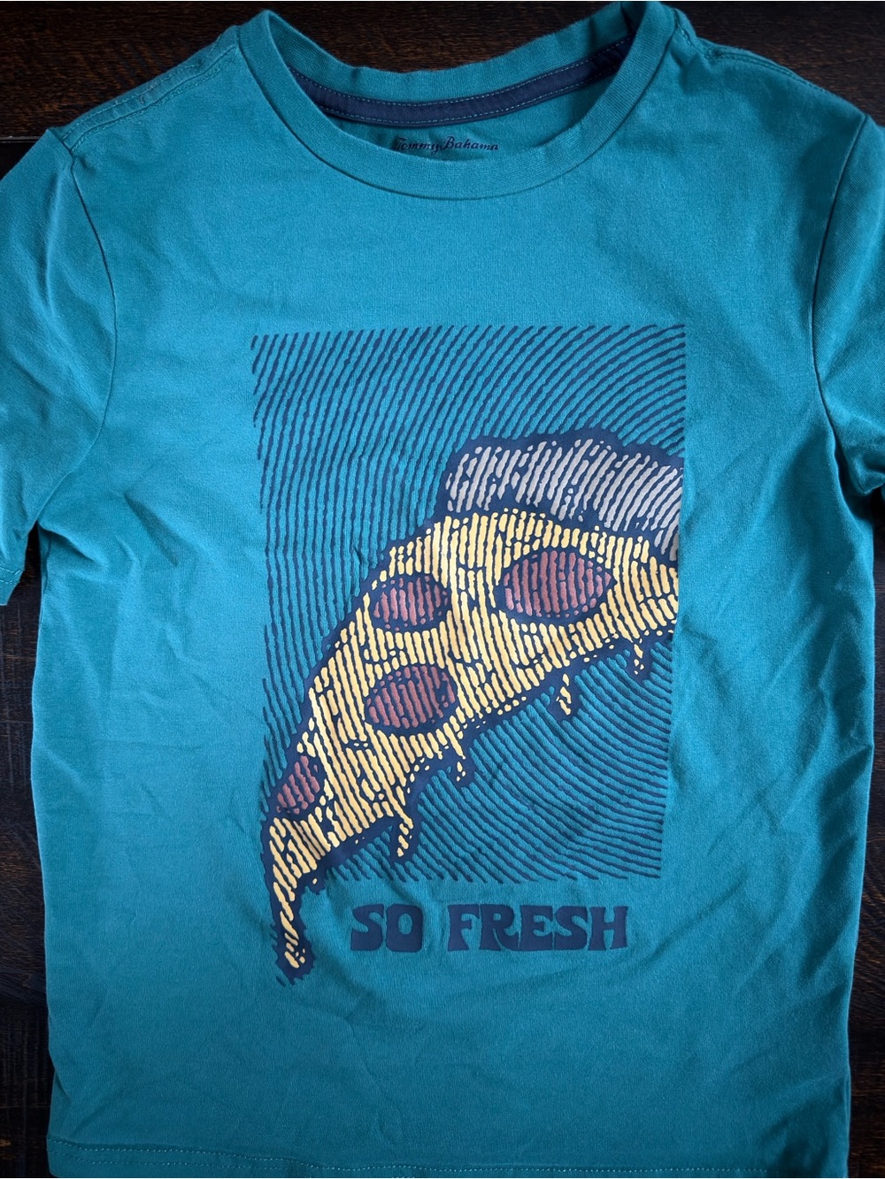 Tommy Bahama Kids Teal Short Sleeve Tee with Pizza Graphic